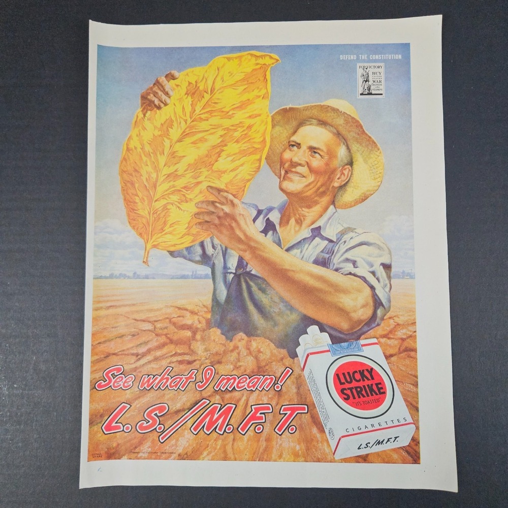 1945 Lucky Strike Cigarettes Vintage Print Ad Tobacco Farmer With Leaf War Bonds